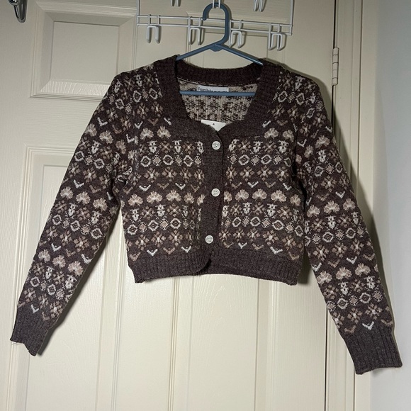 Cropped taupe brown Fair isle button up sweetheart neckline cardigan-size M-NWT - Picture 6 of 13